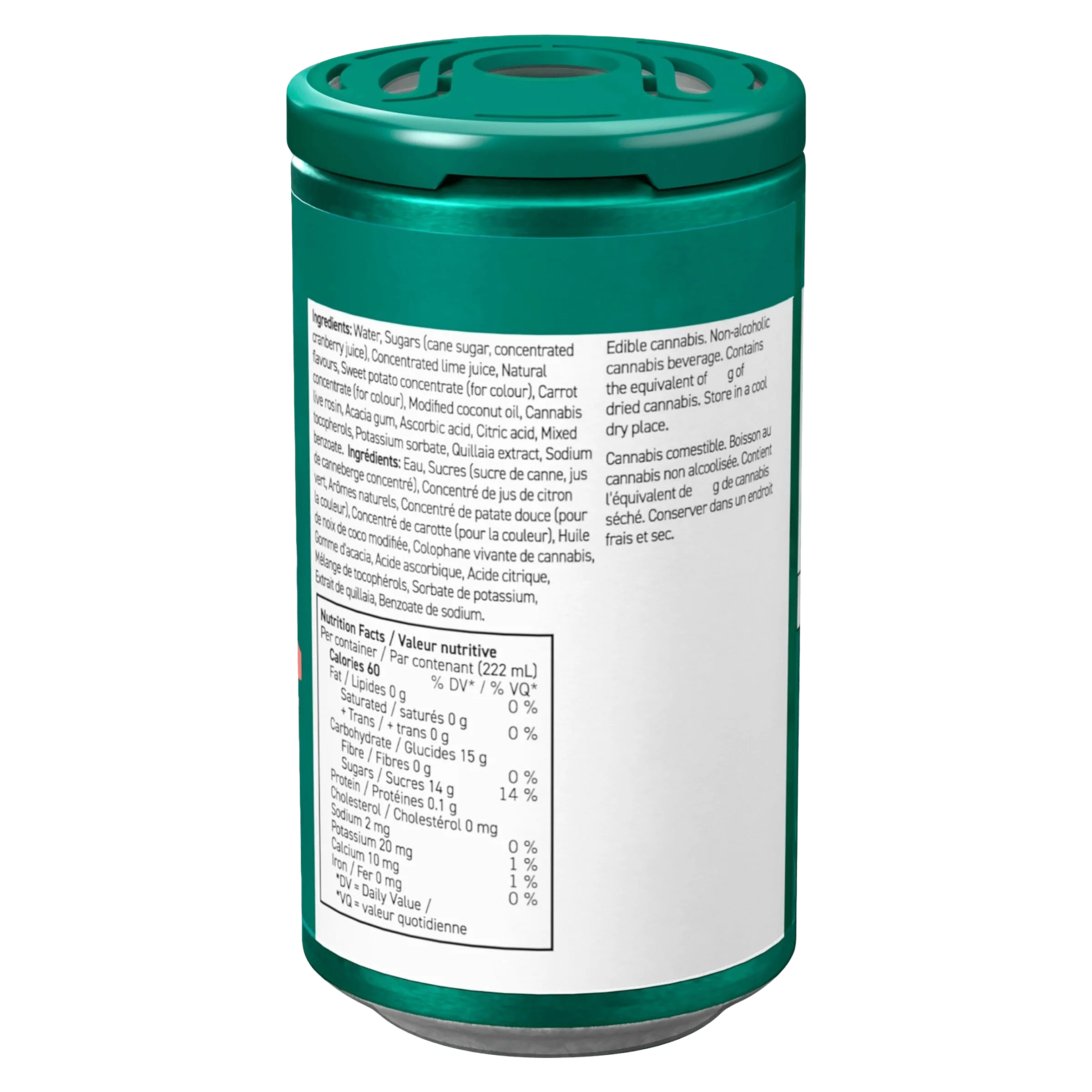 Emerald Hour Cranberry Citrus cannabis beverage, 222 mL can with teal lid showing ingredients and nutrition facts label