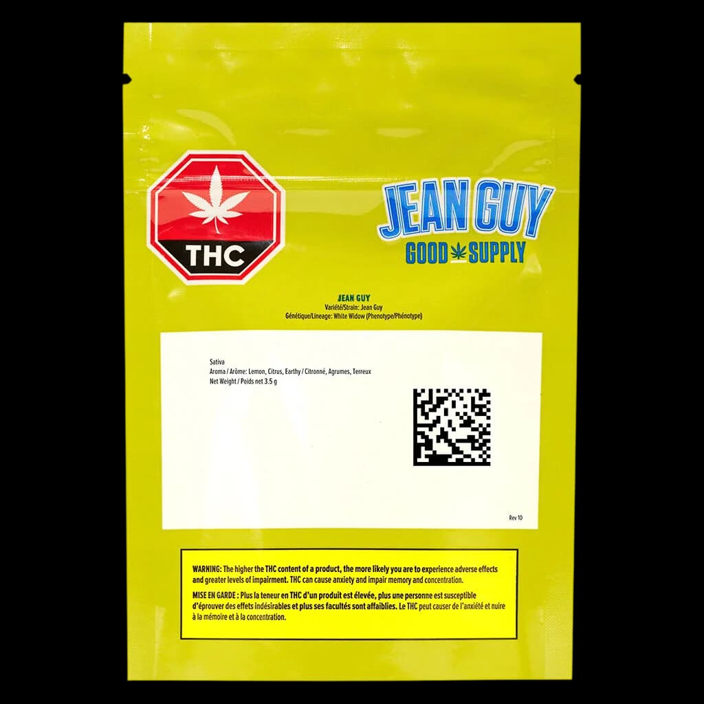 Emballage de 3,5 g de cannabis séché Good Supply Jean Guy avec pochette vert vif, symbole d'avertissement THC rouge et étiquette d'avertissement sanitaire bilingue