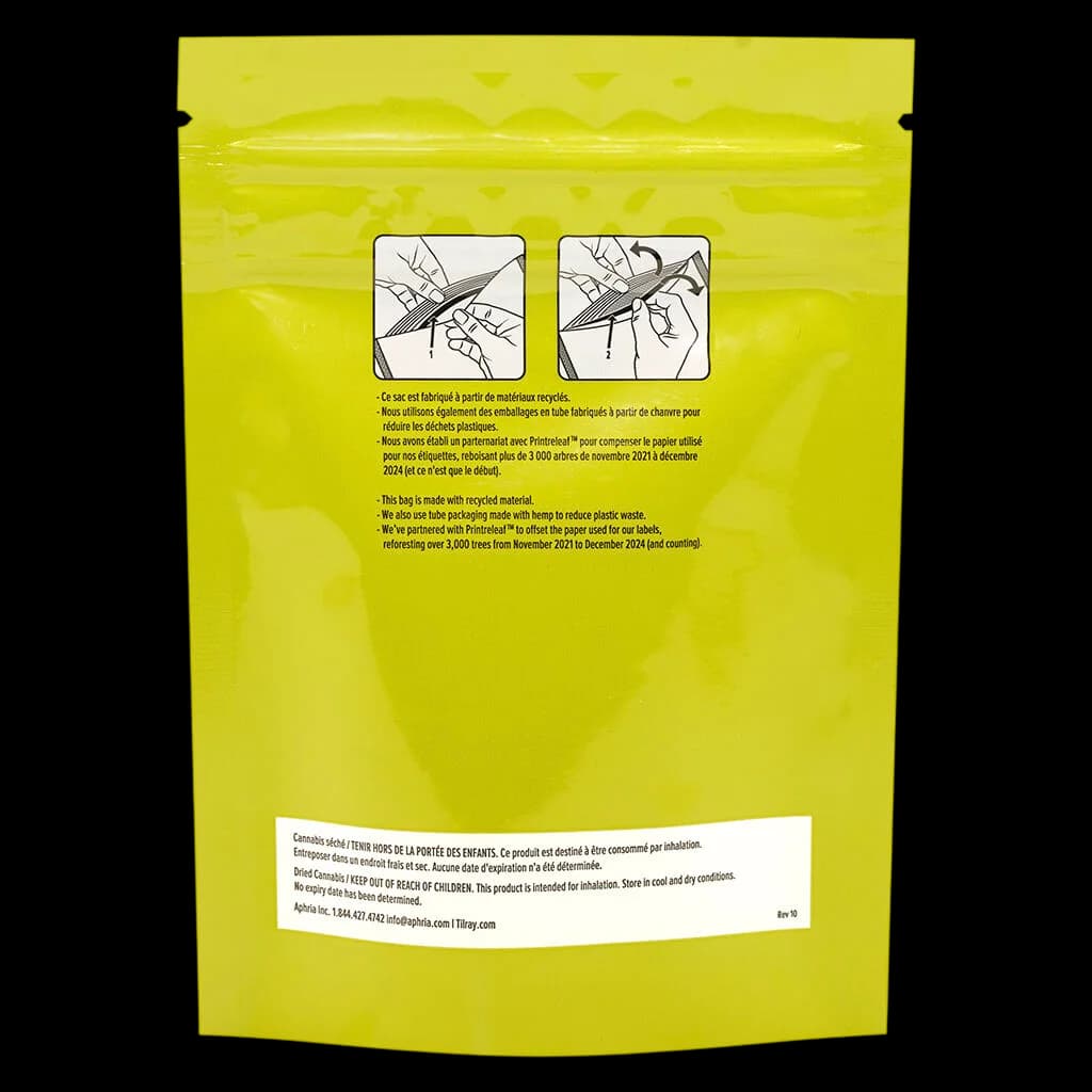 Good Supply Jean Guy dried flower cannabis in bright yellow resealable pouch with bilingual recycling and usage instructions