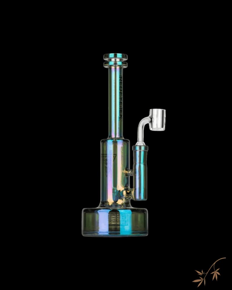 Red Eye Tek Avalon concentrate rig, 9 inches tall, iridescent metallic finish with green base and angled downstem.
