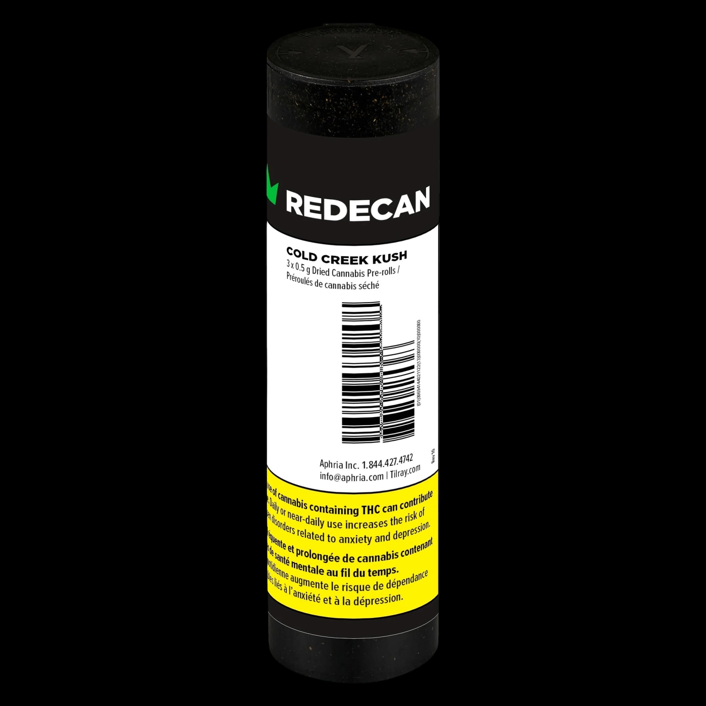 Pré-roulés de cannabis séché Cold Creek Kush de Redecan, 3 x 0,5 g, dans un emballage tubulaire noir avec étiquette d'avertissement sanitaire jaune