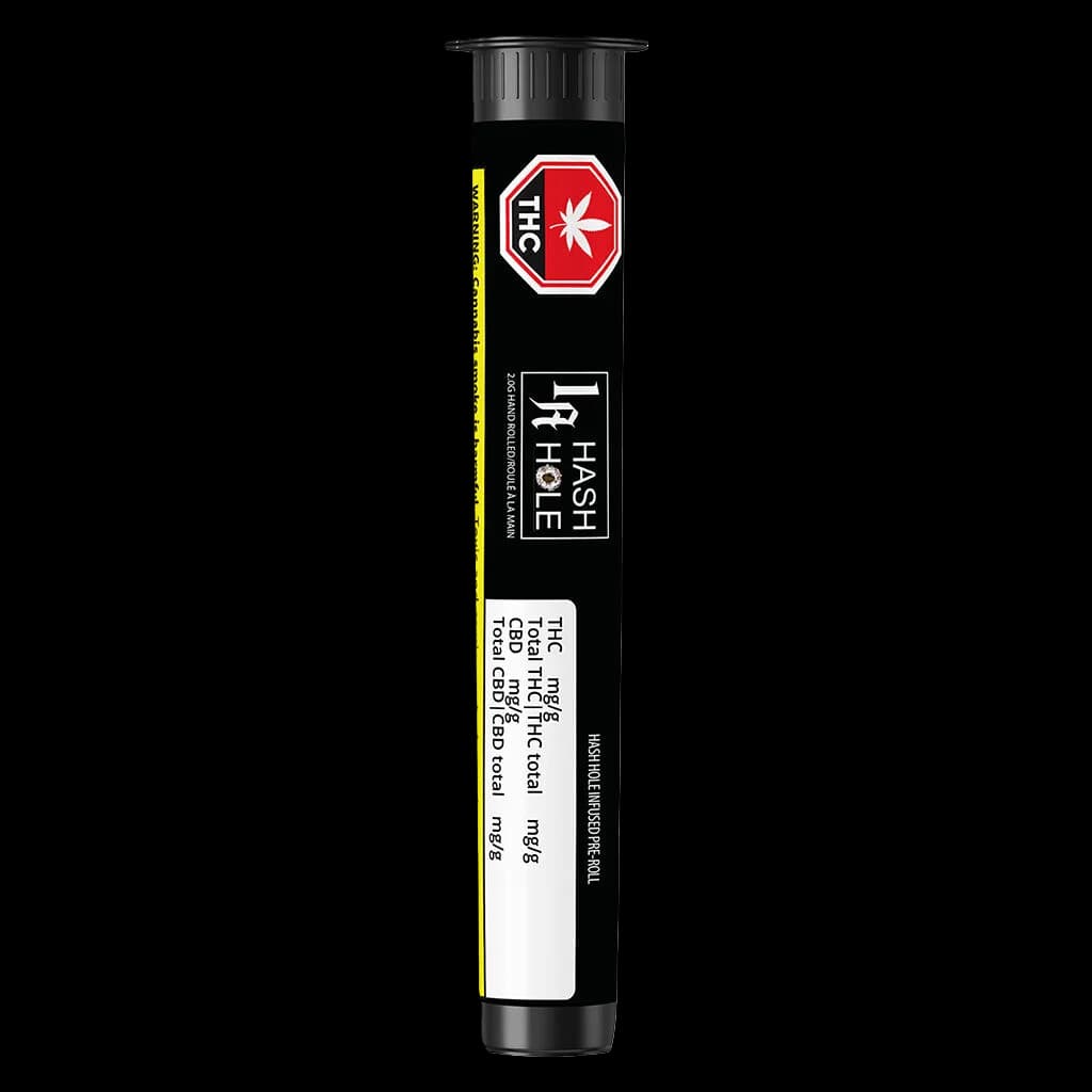 Pré-roulé infusé Hash Hole de la marque de cannabis 1Above dans un emballage tubulaire noir avec symbole THC rouge