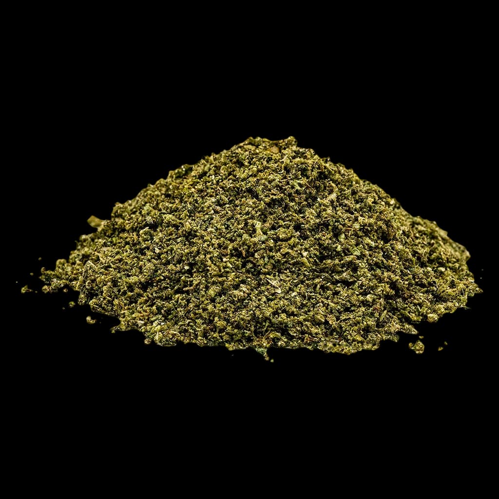 KRONNIX Sapphire Kush cannabis dried flower, finely ground texture with olive-green color