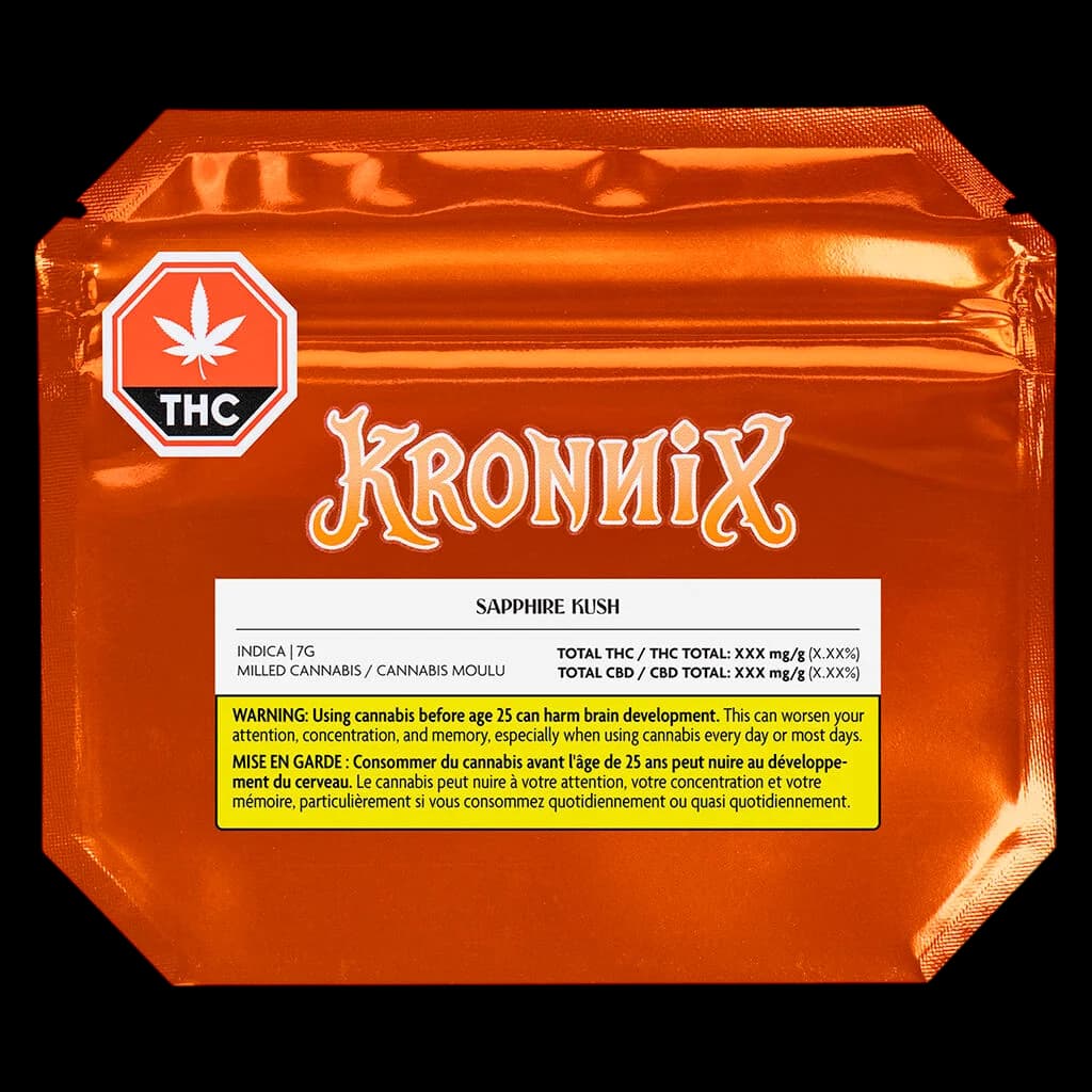 Kronnix Sapphire Kush 7g indica dried cannabis flower in orange packaging with THC warning label