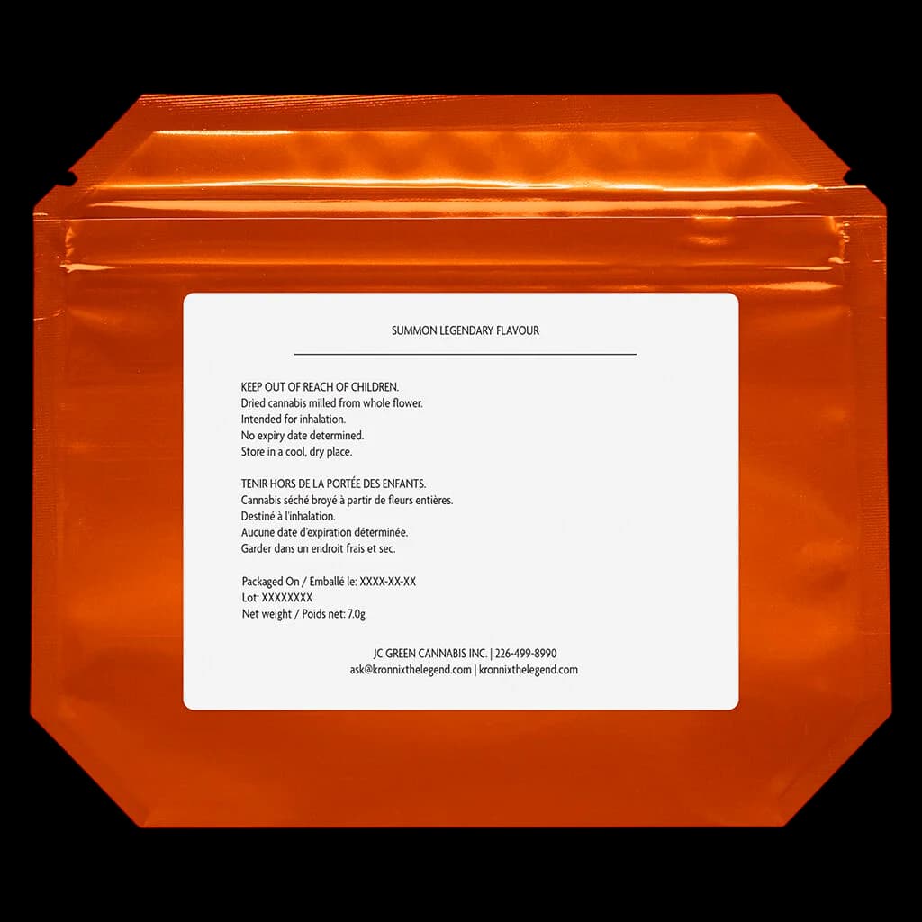 KRONNIX Summon Legendary Flavour pre-roll pack, 7.0g, orange pouch with white label showing product information and Health Canada warnings