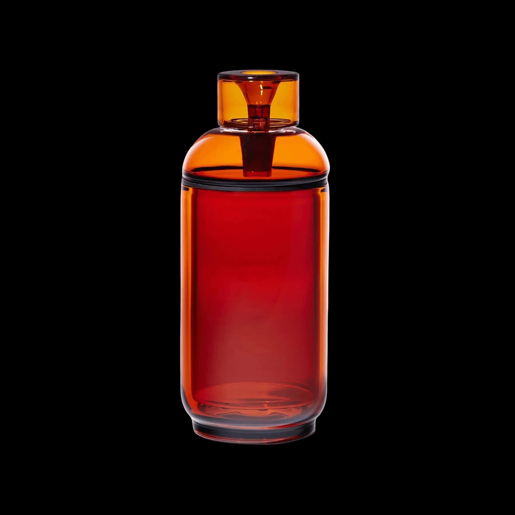Amber glass bottle filled with red cannabis concentrate or tincture, with black cap and dropper top