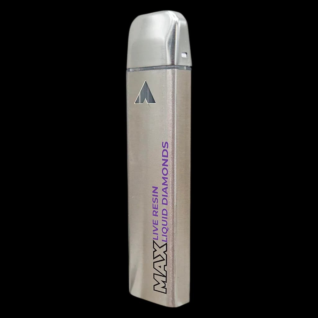 Weed Me Max Liverresin Liquid Diamonds disposable vape pen in silver metal finish with purple text