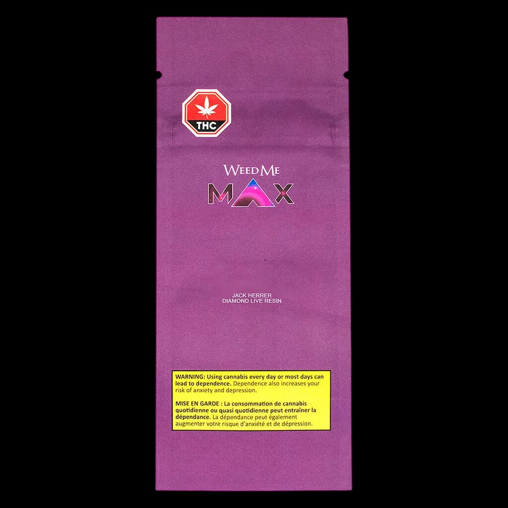 Weed Me Max Jack Herer Diamond Live Resin cannabis vape cartridge package with purple background and red THC warning symbol