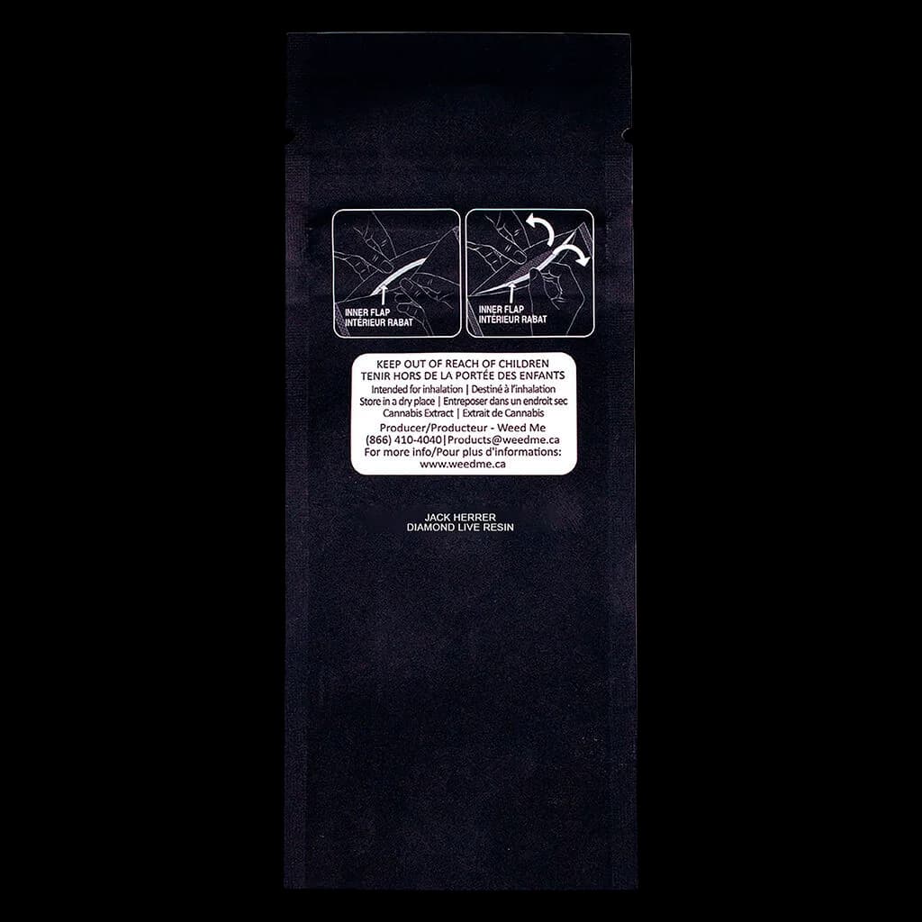 Weed Me Jack Herer Diamond Live Resin disposable vape cartridge with black packaging and consumption instructions
