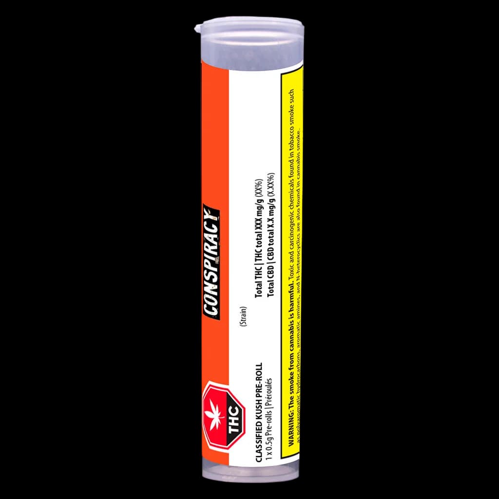 Paquet de pré-roulés Classified Kush de Conspiracy, 1x0,5g, avec emballage rouge et blanc affichant la teneur en THC et les étiquettes d'avertissement
