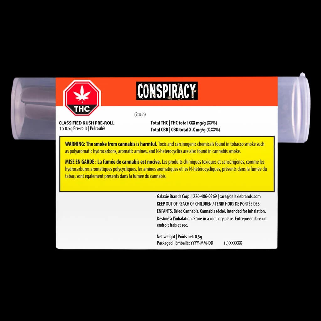 Pré-roulé Classified Kush de Conspiracy, cannabis de 0,5 g en tube translucide avec emballage orange et blanc