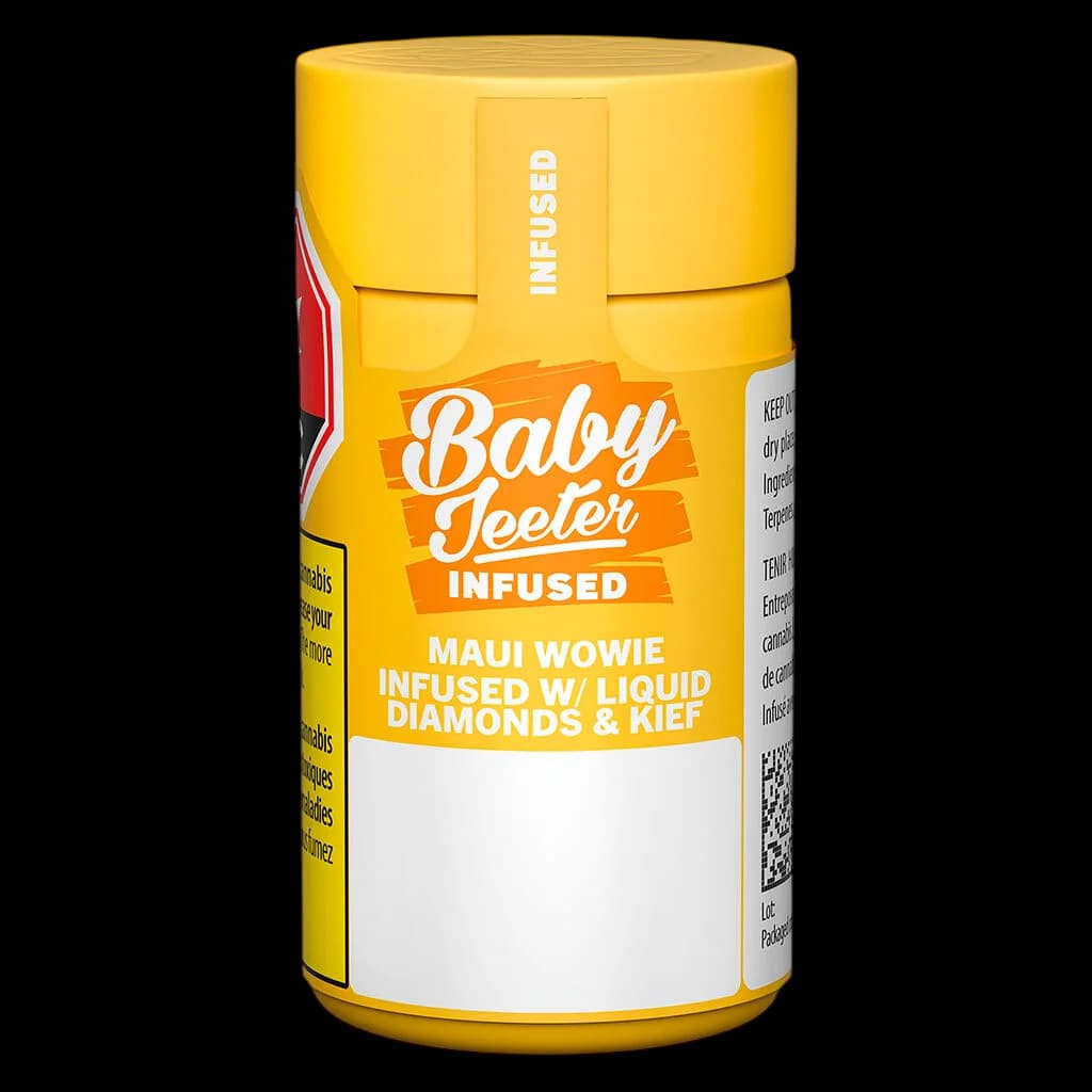 Baby Jeeter Maui Wowie pre-roll infused with liquid diamonds and kief in yellow cylindrical packaging