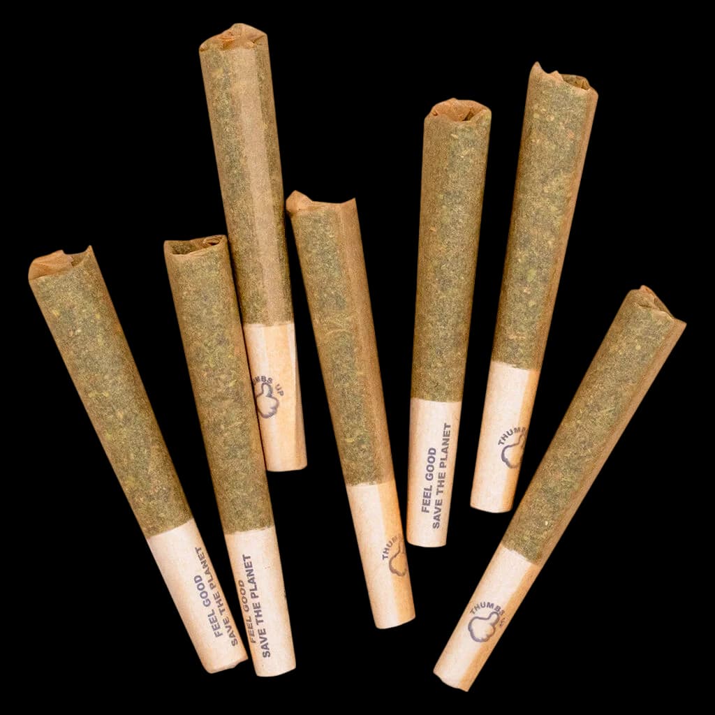 Thumbs Up Sativa pre-roll pack with seven cannabis pre-rolls featuring natural paper wraps and wooden filter tips