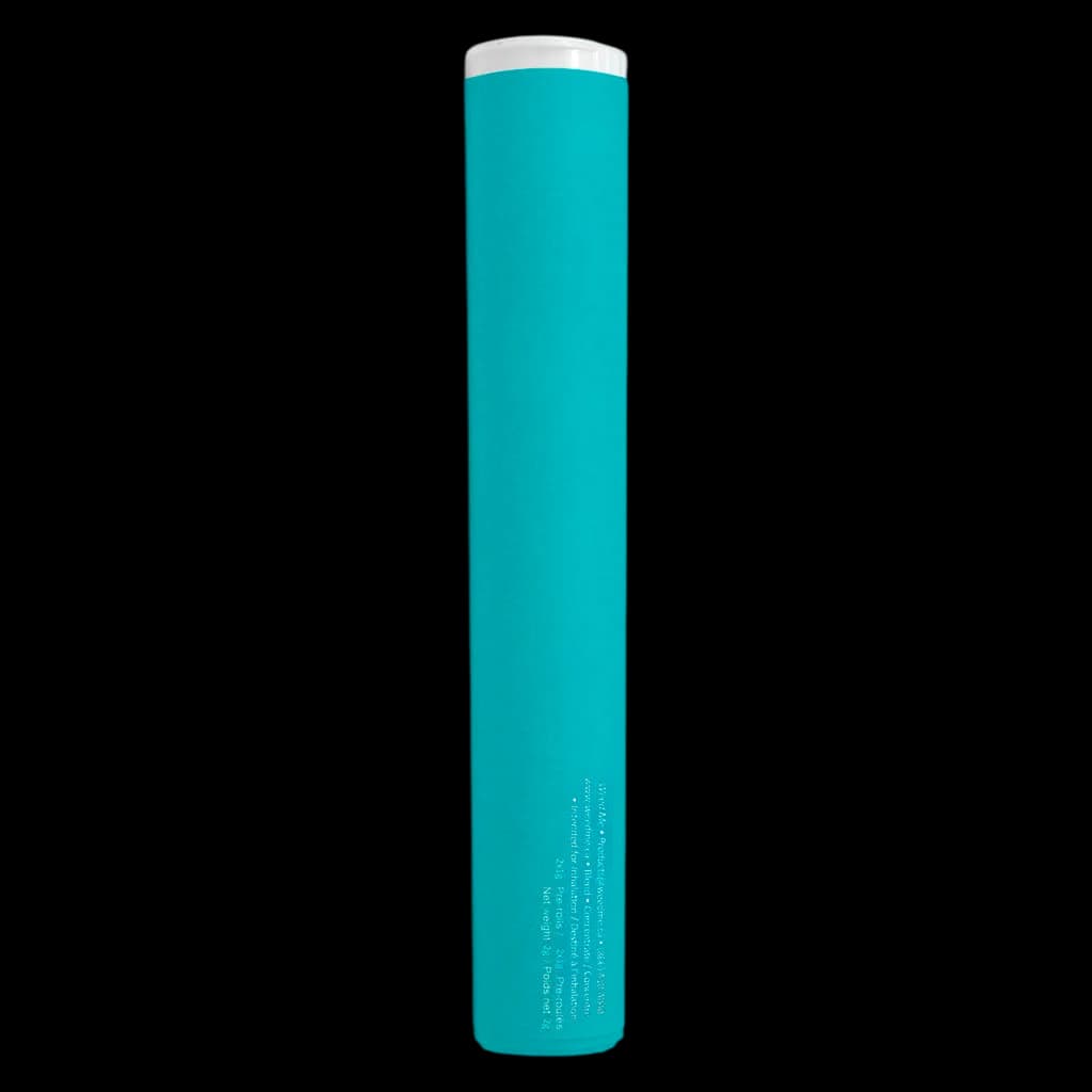 Thumbs Up Sativa pre-roll in turquoise tube packaging with white cap