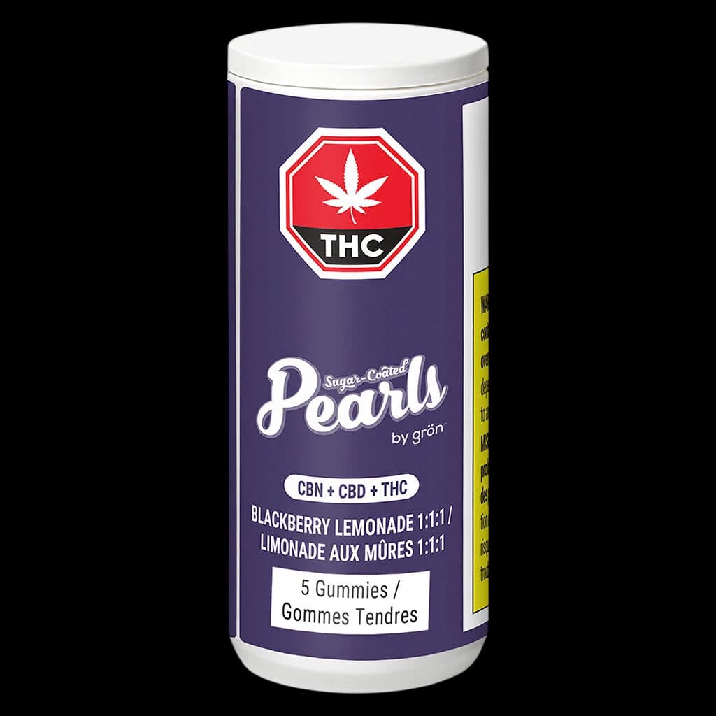 Grön Sugar-Coated Pearls Blackberry Lemonade 1:1:1 cannabis gummies, 5-pack with CBN, CBD, and THC