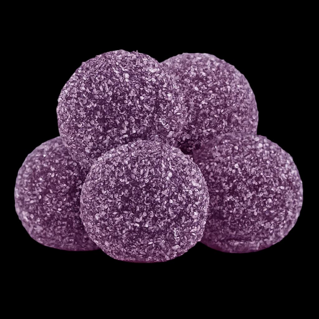 Five purple soft chew cannabis gummies coated in sanding sugar, Blackberry Lemonade flavor by Pearls by grön
