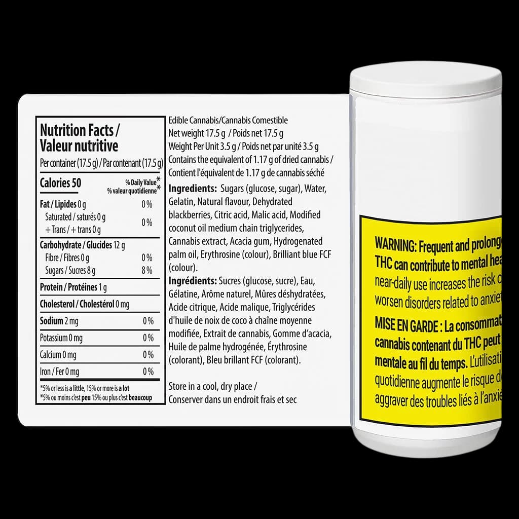Pearls by grön Blackberry Lemonade 1:1:1 CBN/CBD/THC soft chews, 17.5g package with nutrition facts and health warnings label visible