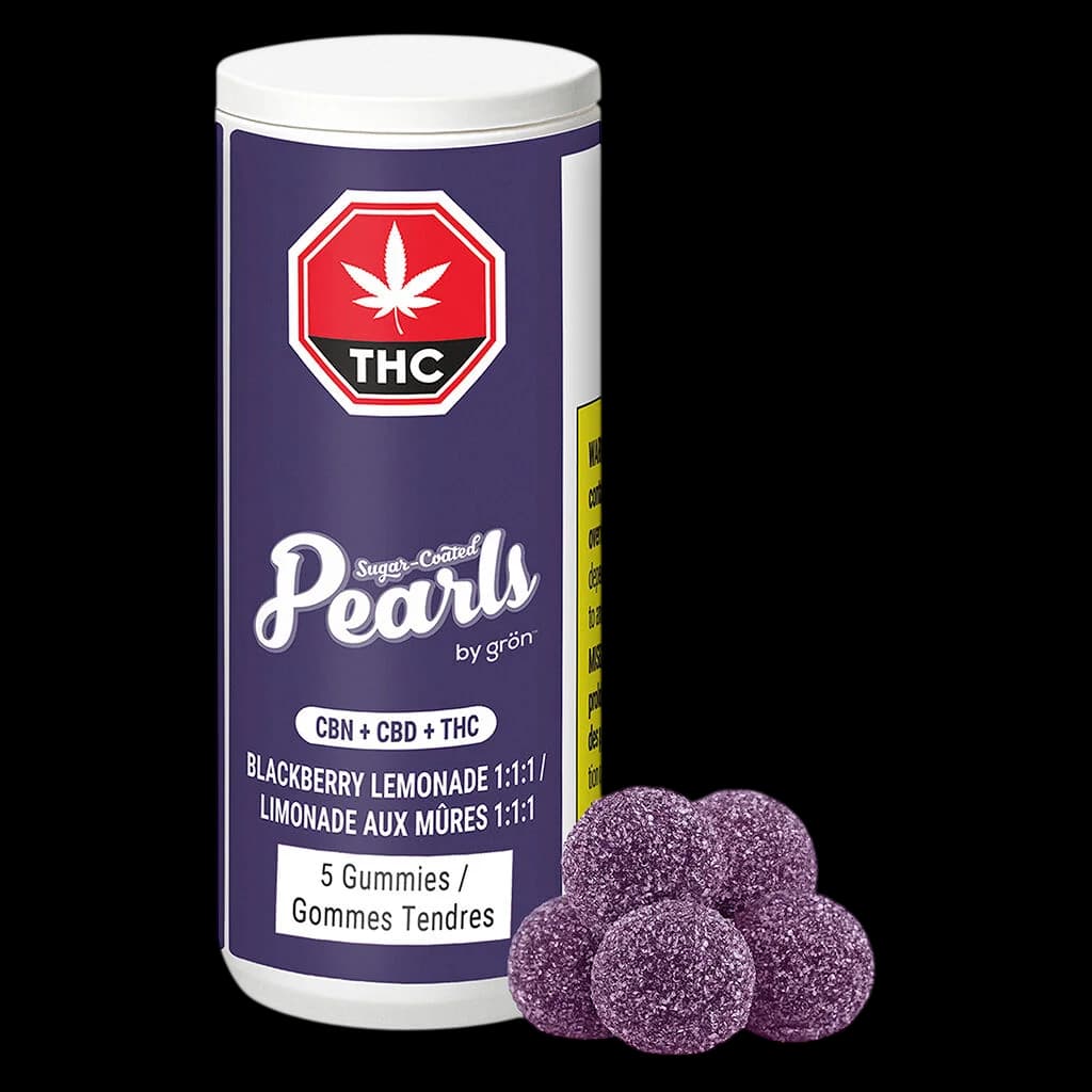 Grön Sugar-Coated Pearls Blackberry Lemonade 1:1:1 CBN+CBD+THC soft chews, 5-pack with purple sugar-coated gummies displayed