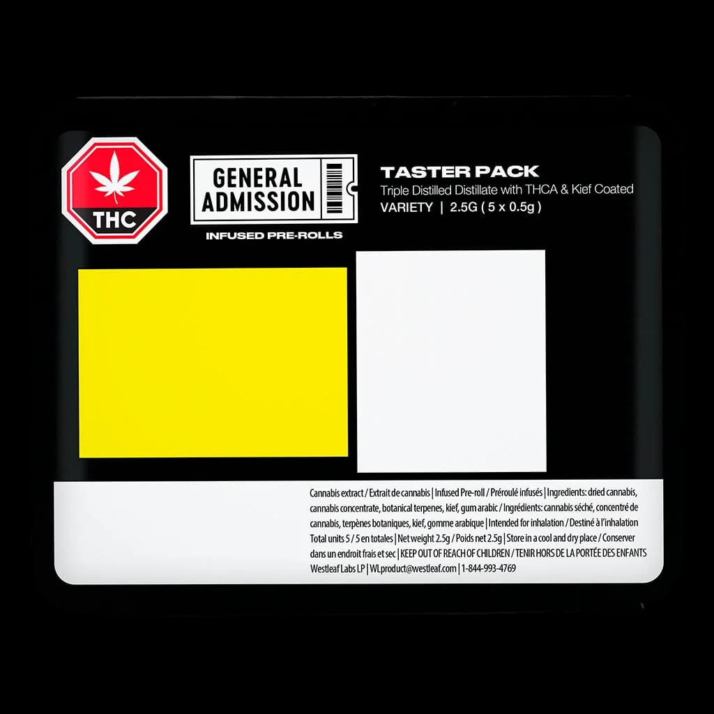General Admission Taster Pack infused pre-rolls, 2.5g total (5 x 0.5g), triple distilled with THCA and kief coating