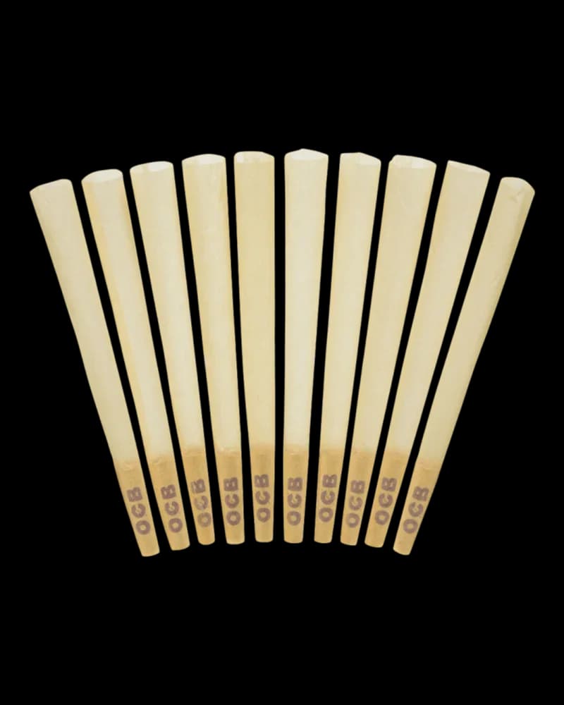 Cônes pré-roulés OCB Virgin non blanchis format king size, paquet de 10, disposés en éventail mettant en valeur le papier à rouler brun naturel