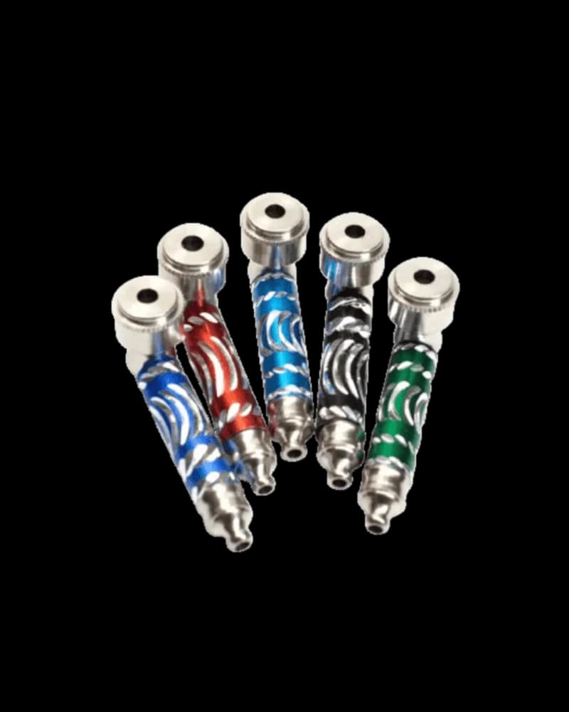 Five 3-inch glass and metal pipes with assorted color designs in blue, red, black, and green swirl patterns