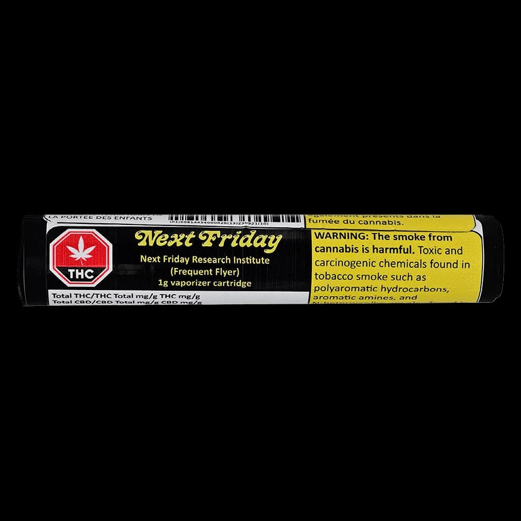 Cartouche de vapotage de cannabis 1 g Next Friday Research Institute avec emballage tubulaire noir, symbole THC rouge et étiquette d'avertissement jaune de Santé Canada