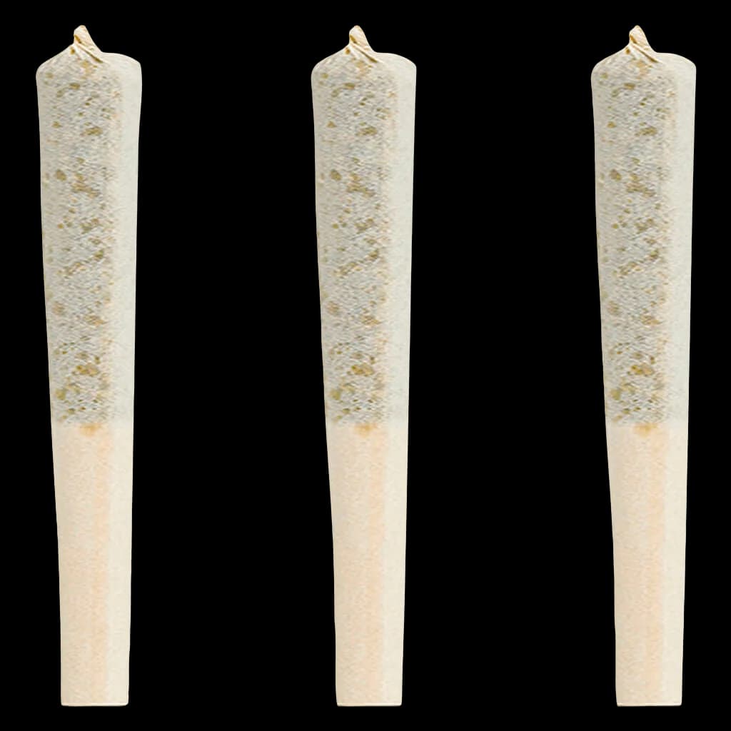Three Simply Bare Hash Bullets pre-rolls with visible kief coating and twisted top closure