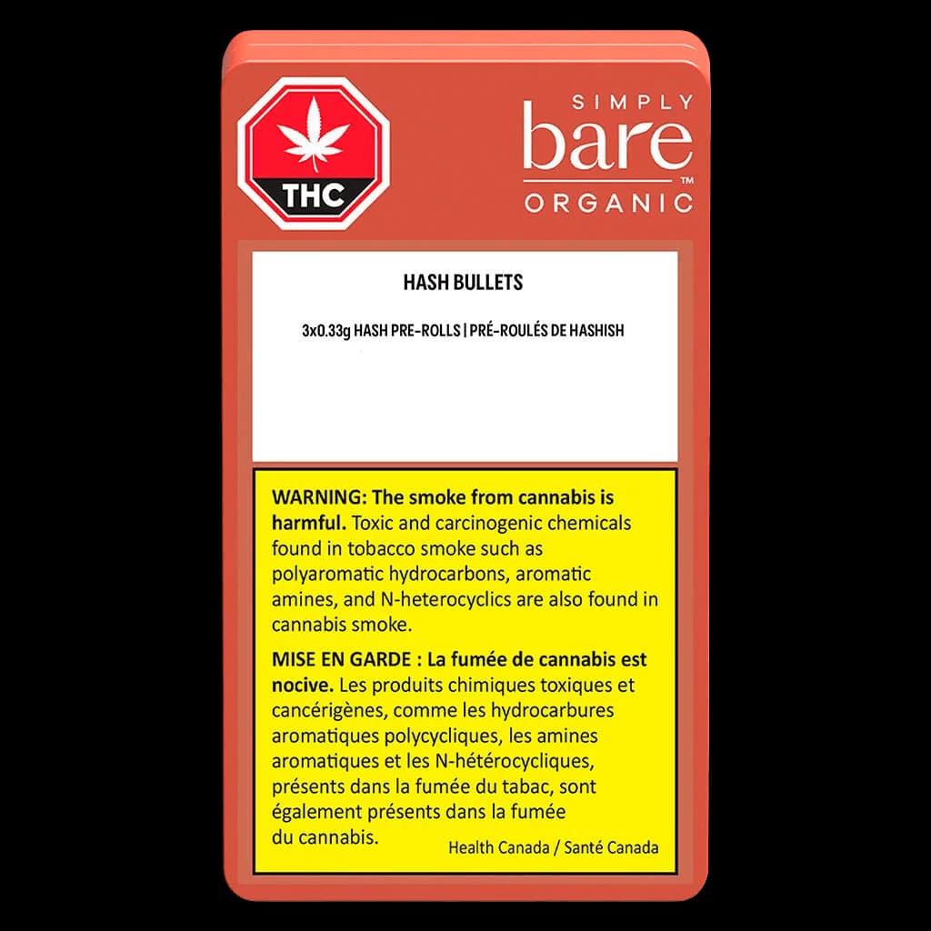 Simply Bare Organic Hash Bullets 3x0.33g hash pre-rolls package front with red background and Health Canada warning label