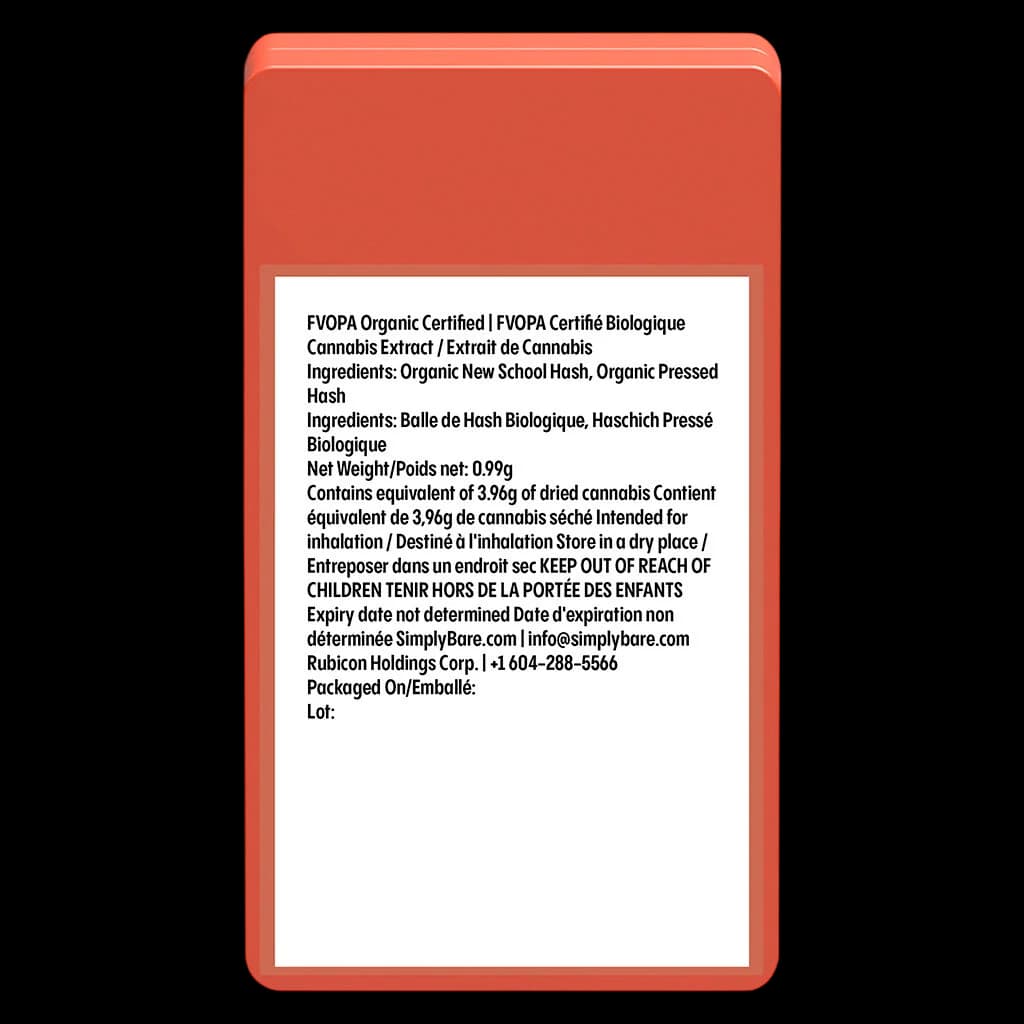 Simply Bare FVOPA Organic Certified Cannabis Extract 0.99g hash product, contains equivalent of 3.96g dried cannabis