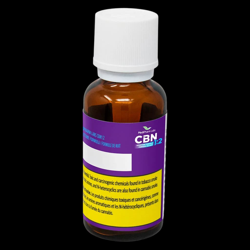 MediPharm Labs CBN 1:2 NightTime Formula oil in amber bottle with white cap and purple label