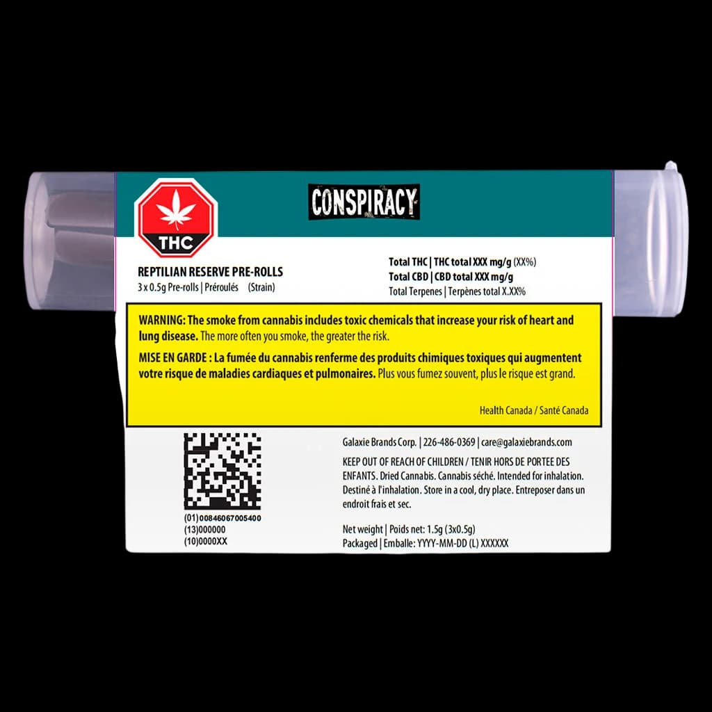 Paquet de pré-roulés Reptilian Reserve de Conspiracy, 3 x 0,5 g, avec symbole d'avertissement THC rouge et étiquette d'avertissement jaune de Santé Canada visibles sur l'emballage sarcelle