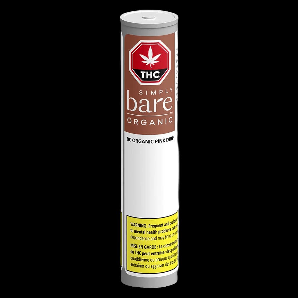 Simply Bare BC Organic Pink Drip pre-roll in sealed tube packaging with THC warning label and Health Canada warning