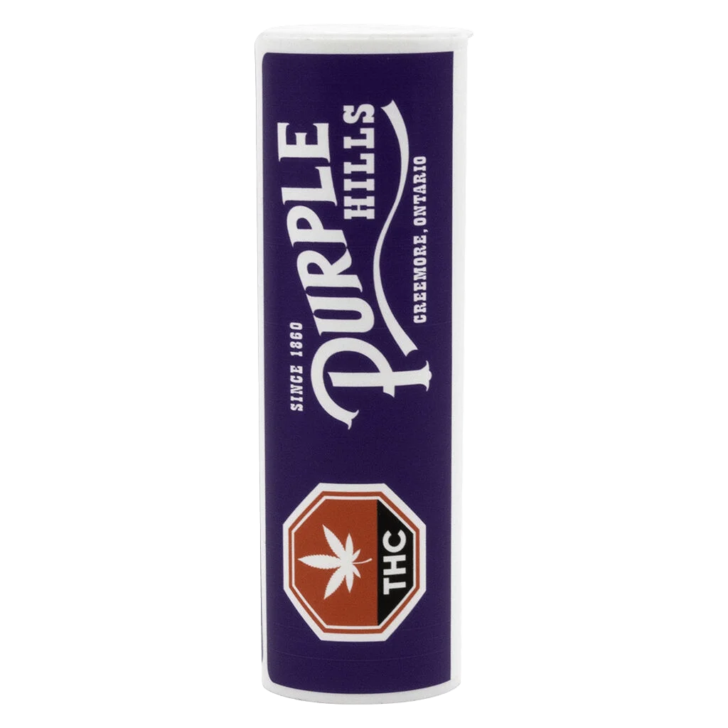 Purple Hills Afghan Black Hash pre-roll tube with purple label and THC symbol