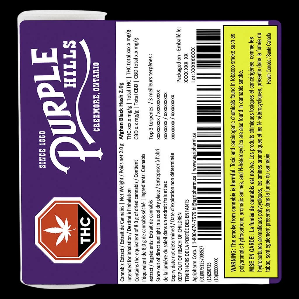 Purple Hills Afghan Black Hash 2.0g package front with THC content and Health Canada warning label