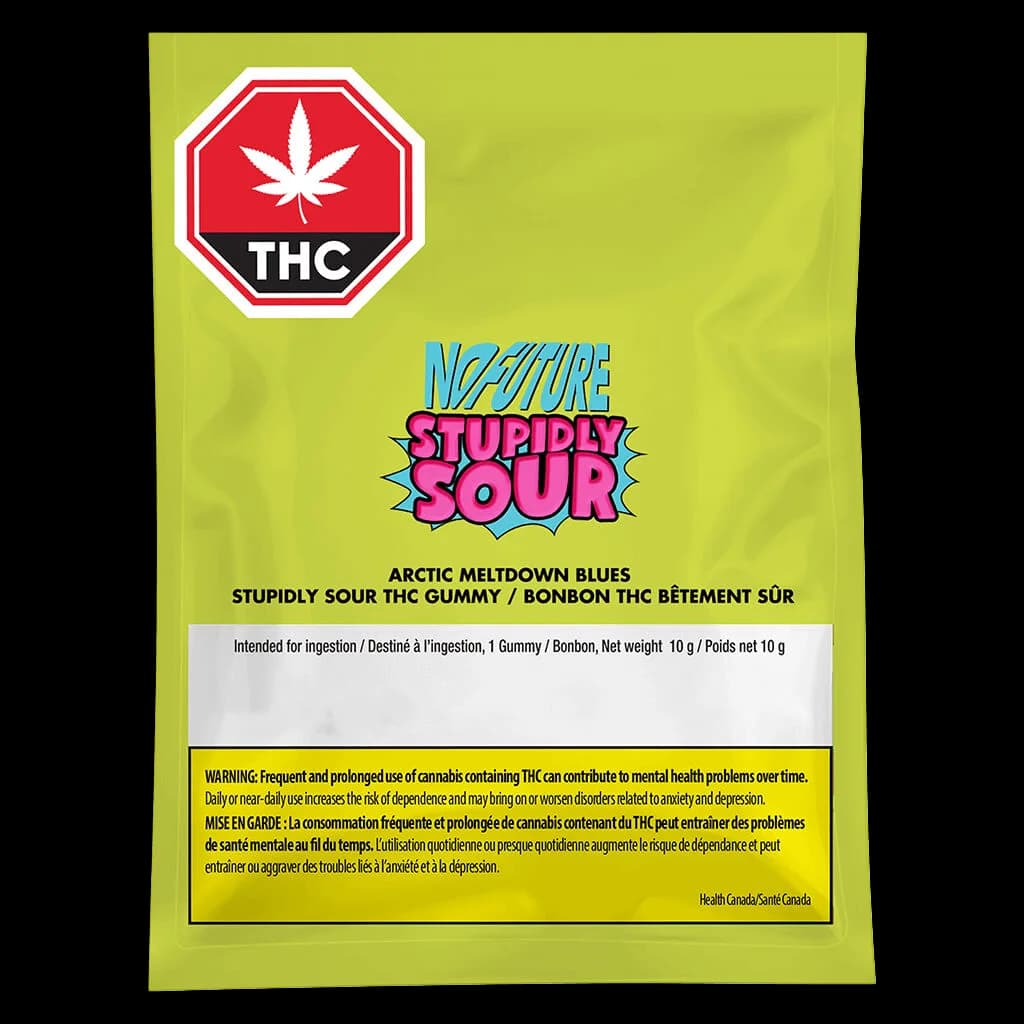 Emballage de gomme THC No Future Stupidly Sour Arctic Meltdown Blues, 10 g, avec symbole d'avertissement THC rouge sur pochette vert lime