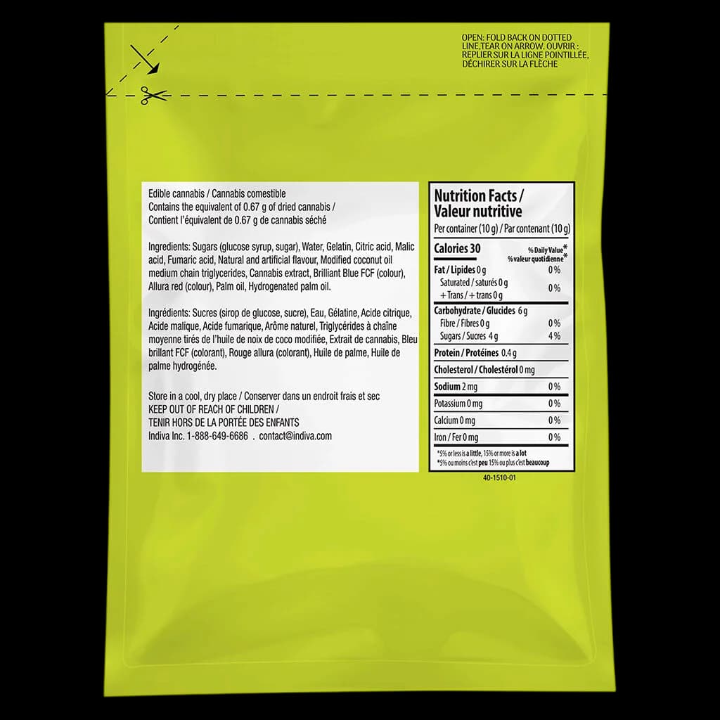 Verso de l'emballage de gomme THC Arctic Meltdown Blues de No Future, affichant les ingrédients bilingues, le tableau de valeur nutritive avec 30 calories par contenant de 10 g et les mises en garde relatives aux comestibles au cannabis