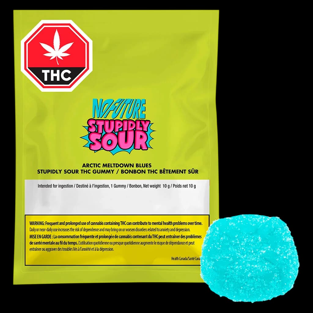 Gomme THC acidulée Arctic Meltdown Blues de No Future, emballage de 10 g avec une gomme turquoise vif affichée à côté d'une pochette vert lime