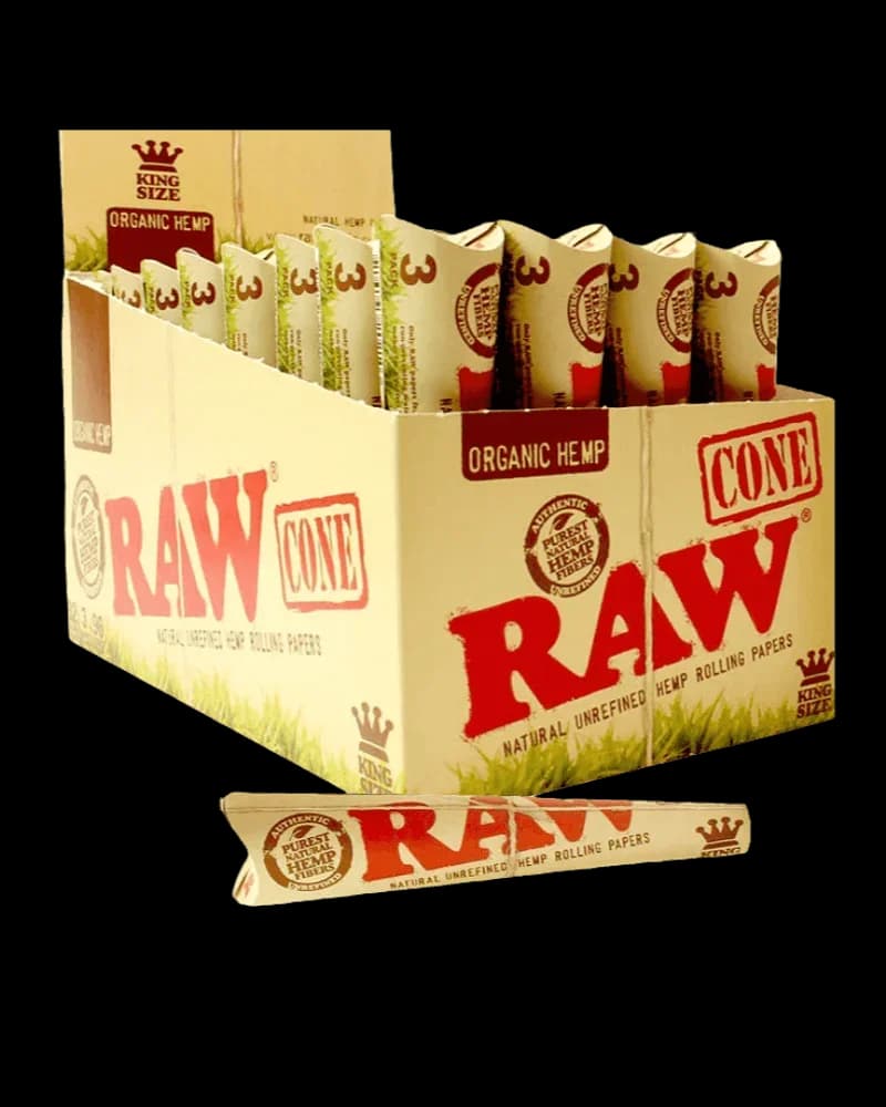 Boîte d'exposition de cônes pré-roulés RAW Organic Hemp format King Size avec emballages individuels et un cône seul au premier plan