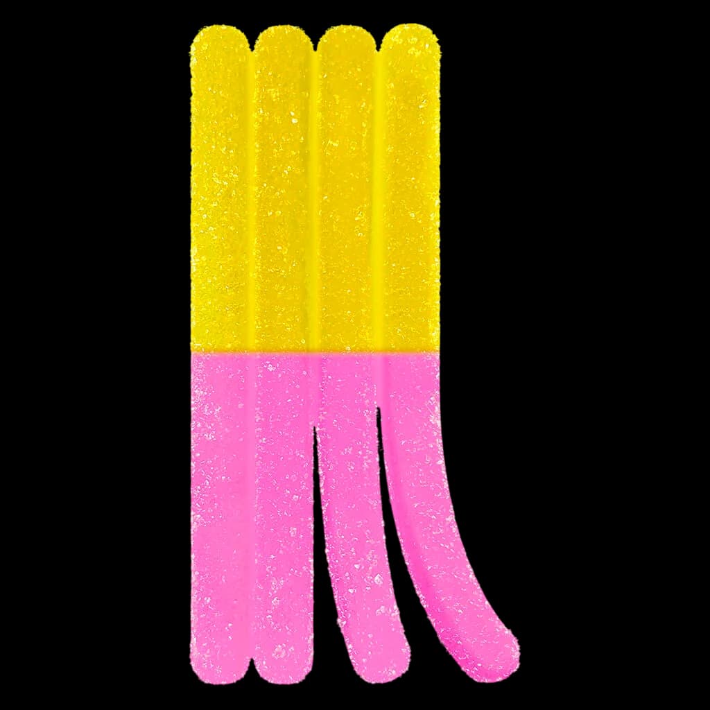 StikiStix 100mg CBD Pink Lemonade Punch gummy soft chews, four yellow and pink sugar-coated pieces