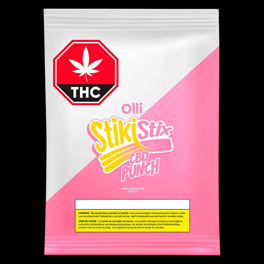 Olli Stiki Stix CBD Punch pink lemonade soft chews package front with red THC warning symbol and Health Canada warning label