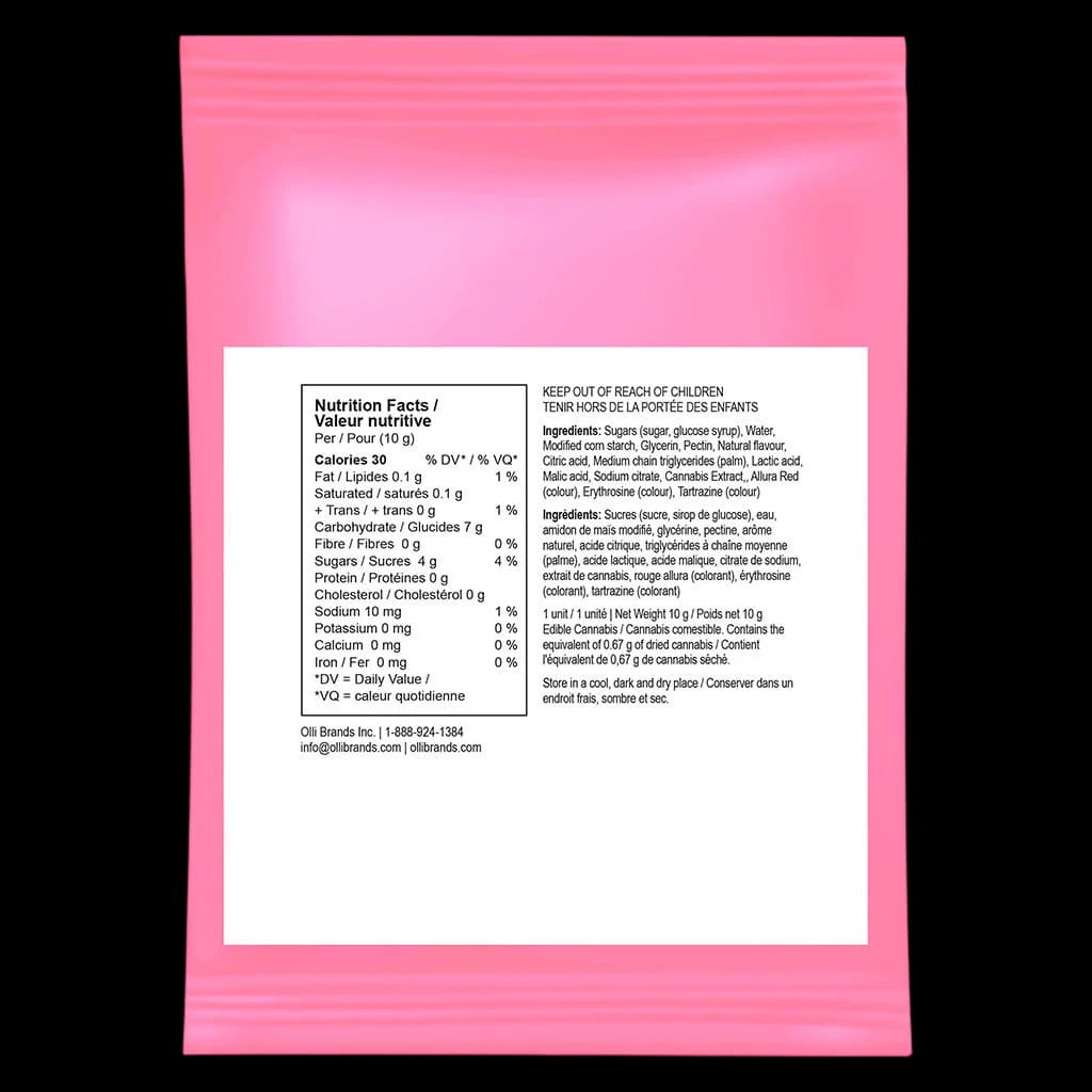 StikiStix 100 CBD Pink Lemonade Punch gummy nutrition facts and ingredients label on pink package