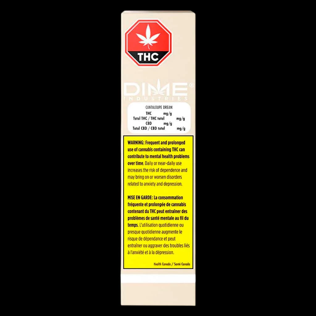 DIME Industries Cantaloupe Dream Liquid Diamond disposable vape pen package front with THC warning symbol and Health Canada yellow warning label