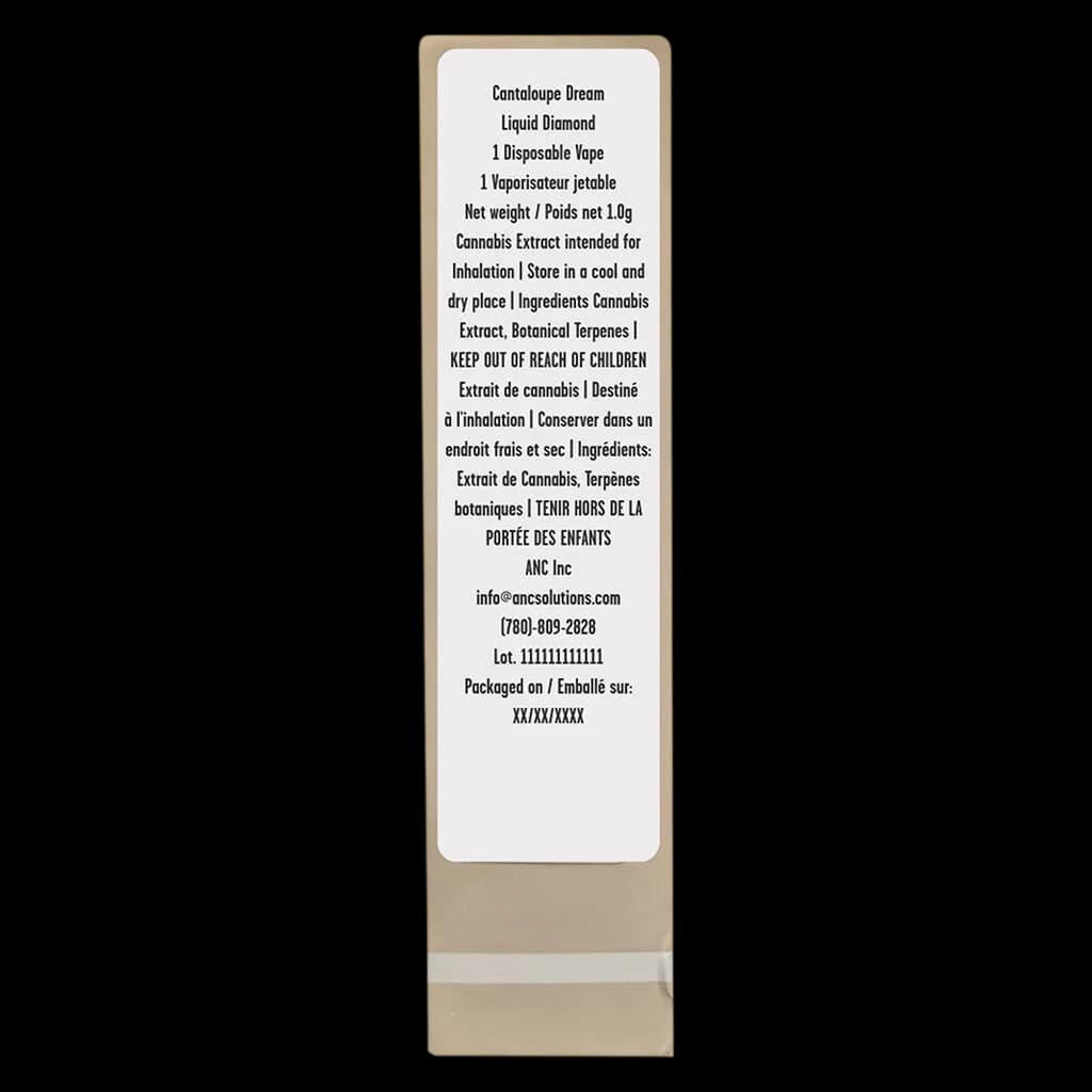 Cantaloupe Dream Liquid Diamond 1.0g disposable vape by DIME Industries, showing product label with bilingual text and regulatory information