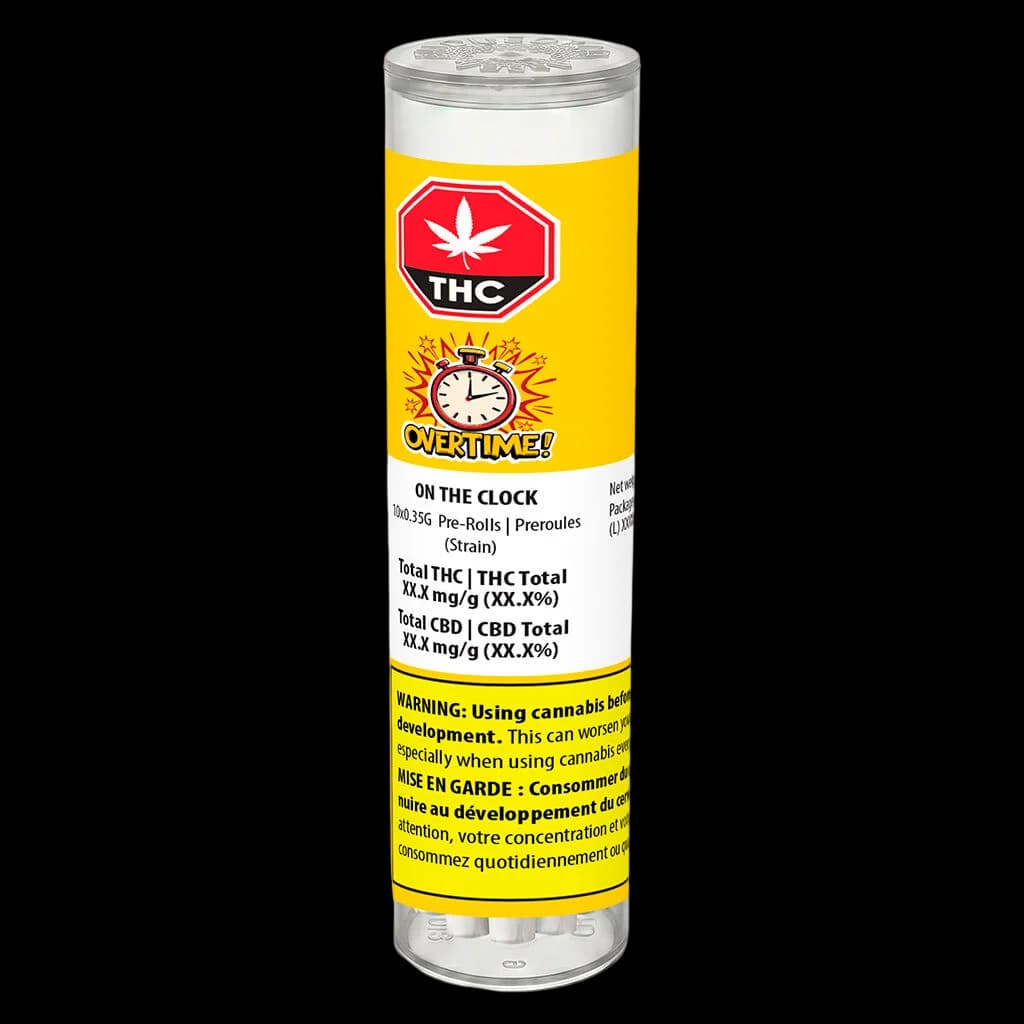 Overtime On the Clock pre-roll pack, 7x0.35g tubes with yellow packaging and red THC warning symbol