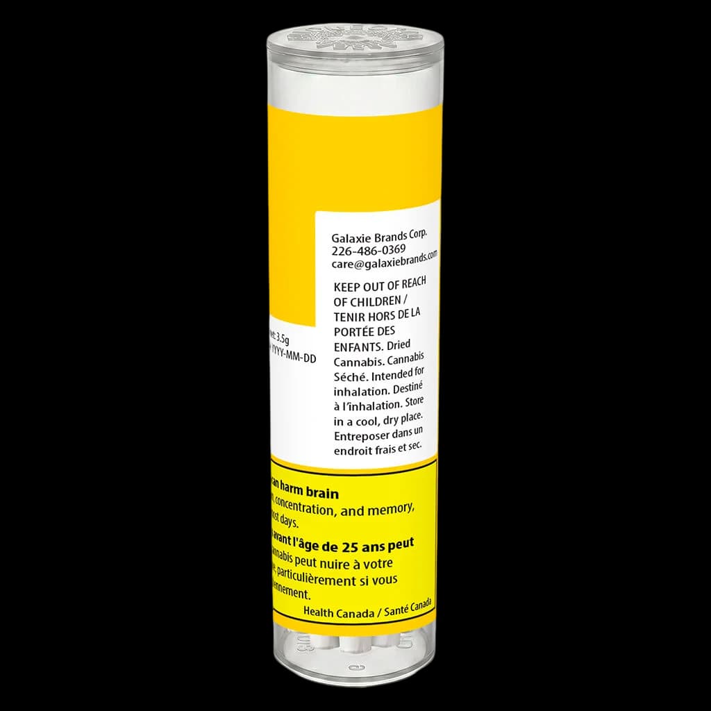 Overtime On the Clock sativa pre-roll pack with yellow label and Health Canada warning band, 3.5g cannabis pre-rolls
