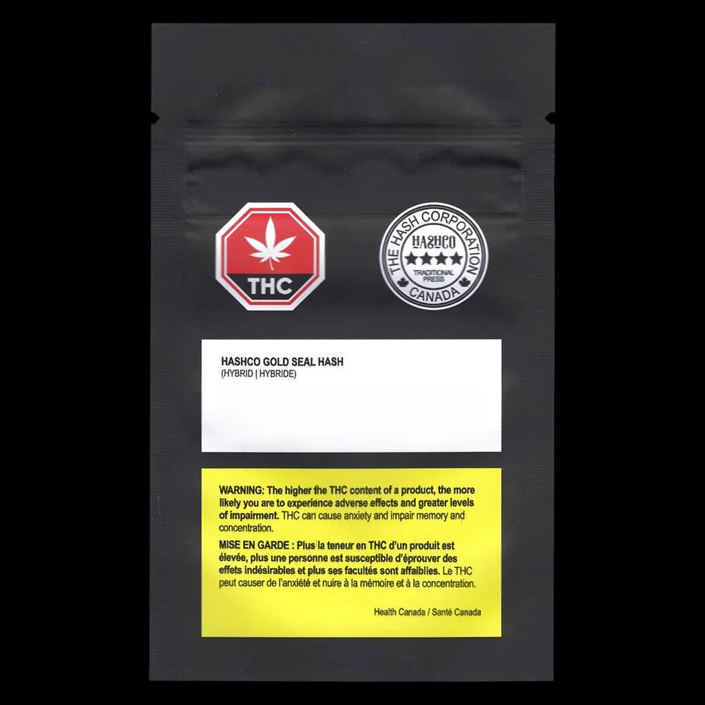 HashCo Gold Seal Hash hybrid concentrate in black pouch with red THC warning symbol and Health Canada regulatory labels