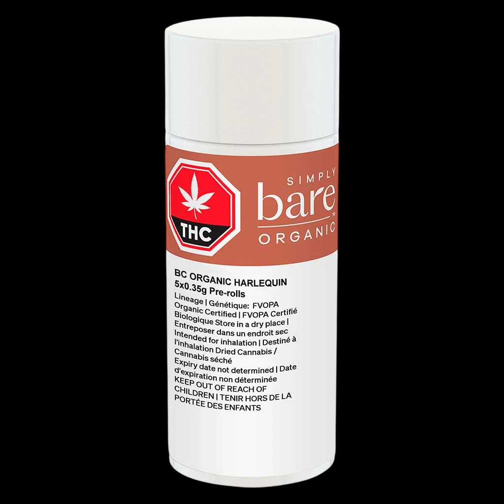 Simply Bare BC Organic Harlequin 5x0.35g pre-rolls in white tube with red THC label