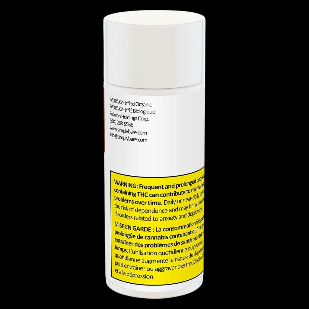 Simply Bare BC Organic Harlequin pre-roll tube with NCOPA certified organic label and Health Canada warning