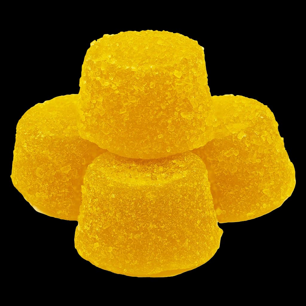 Simply Bare Harlequin 1:1 THC:CBD cannabis gummies, five yellow soft chews with granulated sugar coating