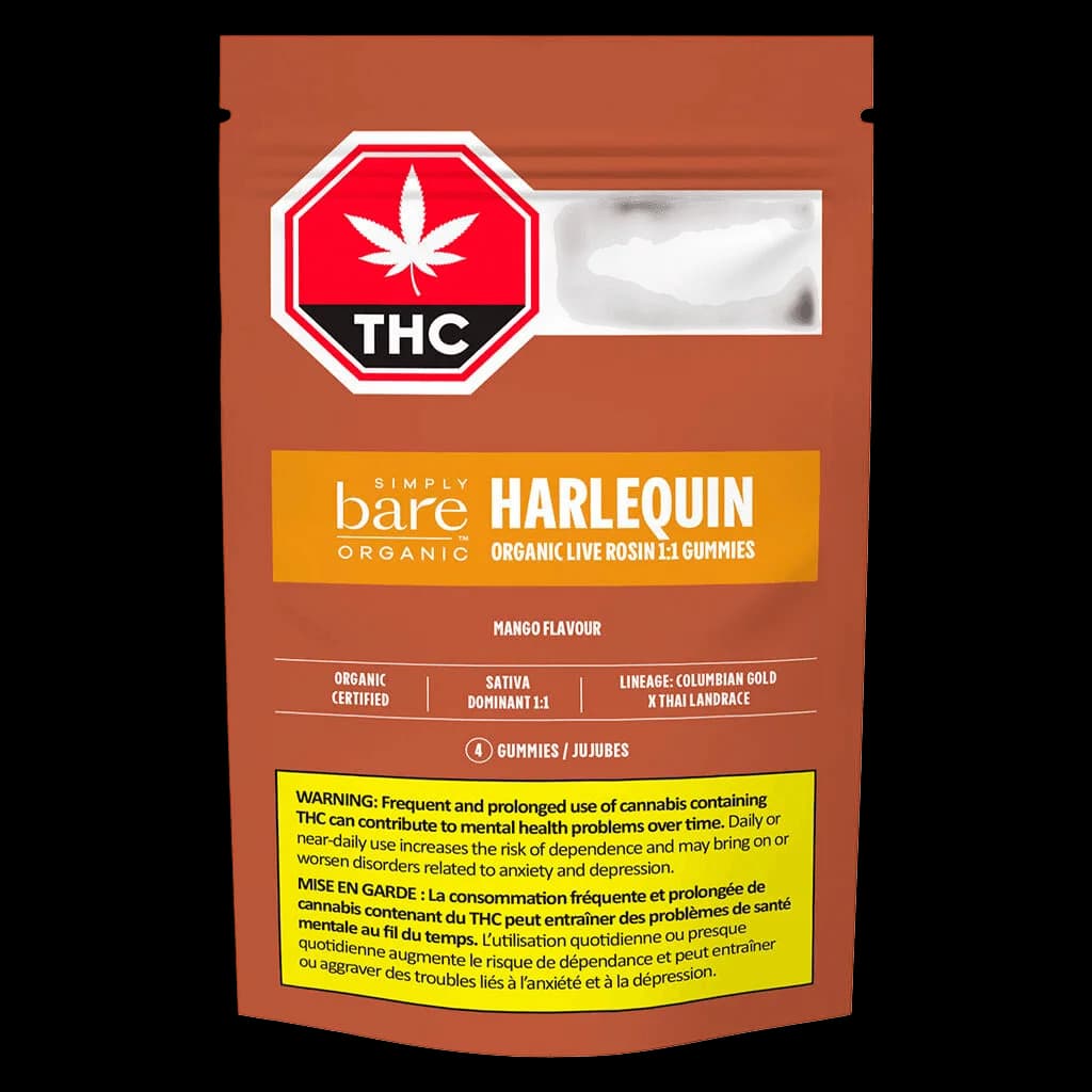 Simply Bare Harlequin Organic Live Rosin 1:1 Gummies, mango flavour, cannabis edible package with THC warning symbol
